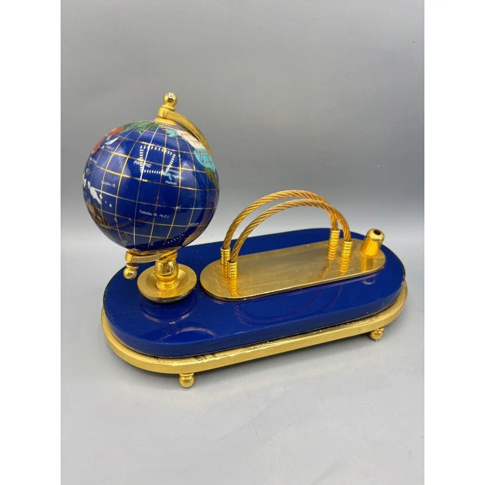 Vtg‎ Desktop Globe Pen Holder Ornate Brass Base Lapis Lazuli Organizer Decor